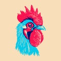 Head of a rooster. Colorful cute screen printing effect. Riso print effect.